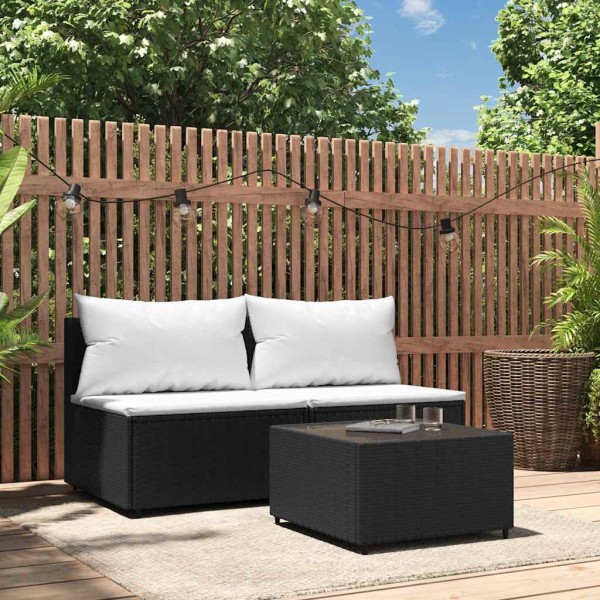 Garden set with cushions, 3 parts, black, polyrattan