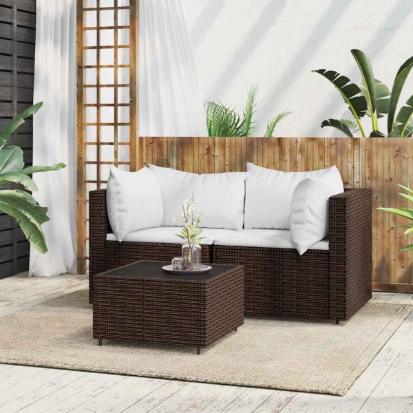 Garden set with cushions, 3 parts, brown, polyrattan