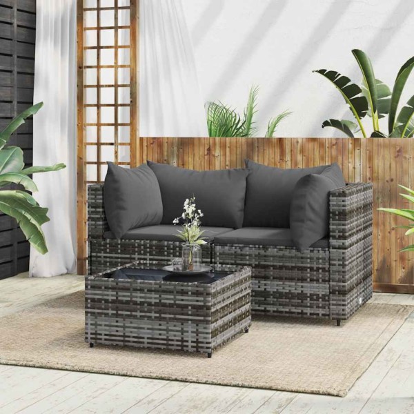 Garden set with cushions, 3 parts, gray, polyrattan