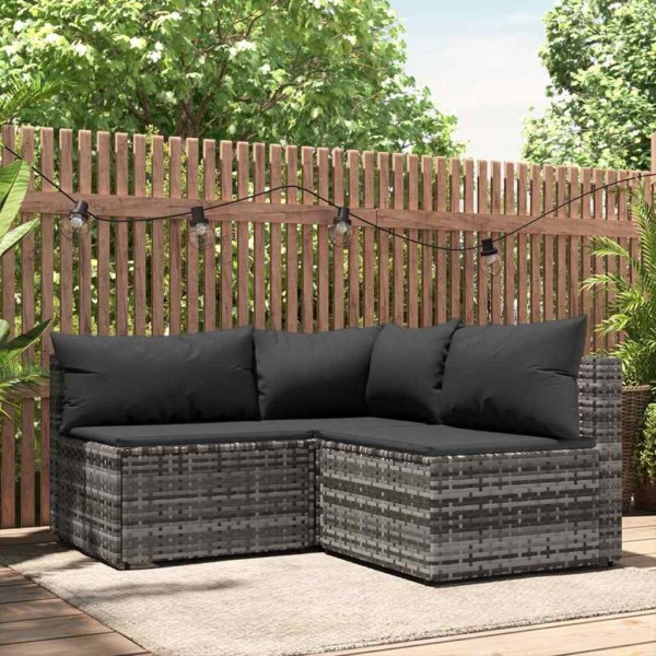 Garden set with cushions, 3 parts, gray, polyrattan
