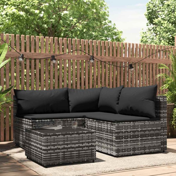 Garden set with cushions, 4 parts, gray, polyrattan