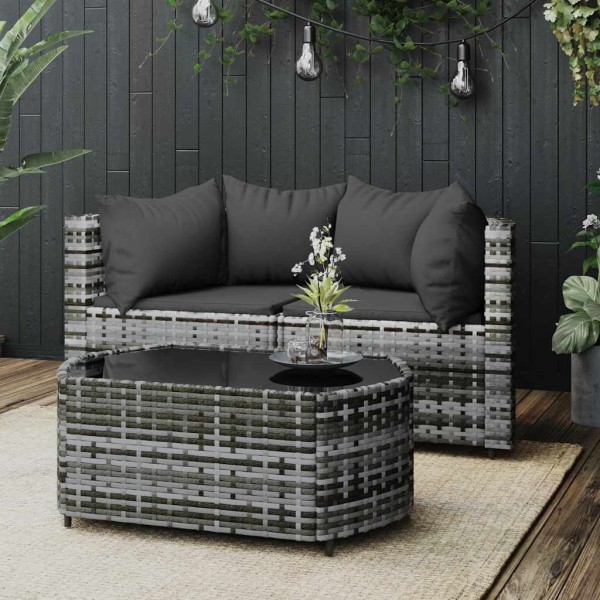 Garden set with cushions, 3 parts, gray, polyrattan