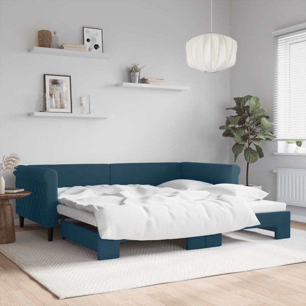 Bed with pull-out part, blue, 100x200cm, velvet