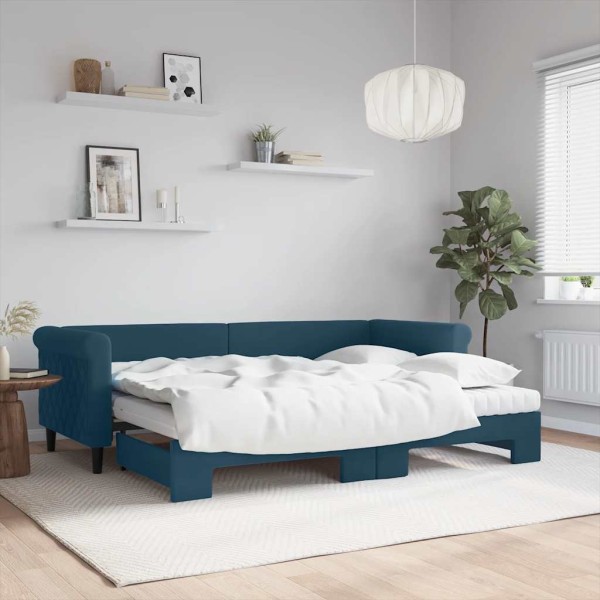 Bed with pull-out part/mattress, blue, 80x200cm, velvet