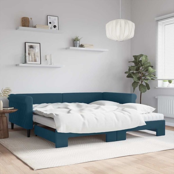 Bed with pull-out part/mattress, blue, 100x200cm, velvet