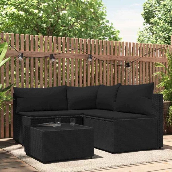 Garden set with cushions, 4 parts, black, polyrattan