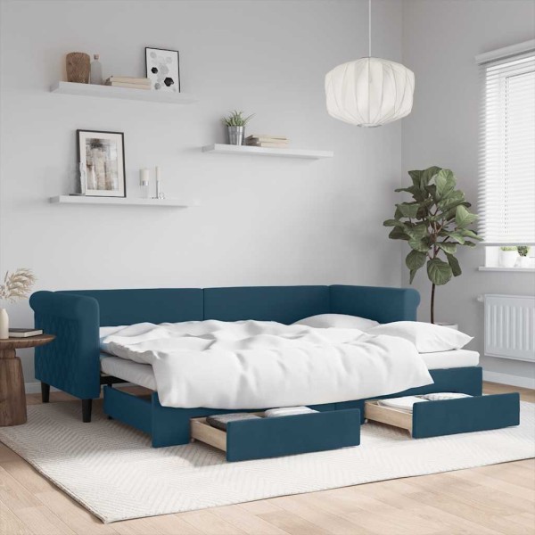 Bed with pull-out section/drawers, blue, 80x200cm, velvet