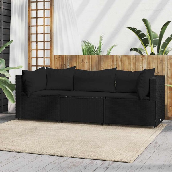Garden set with cushions, 3 parts, black, polyrattan