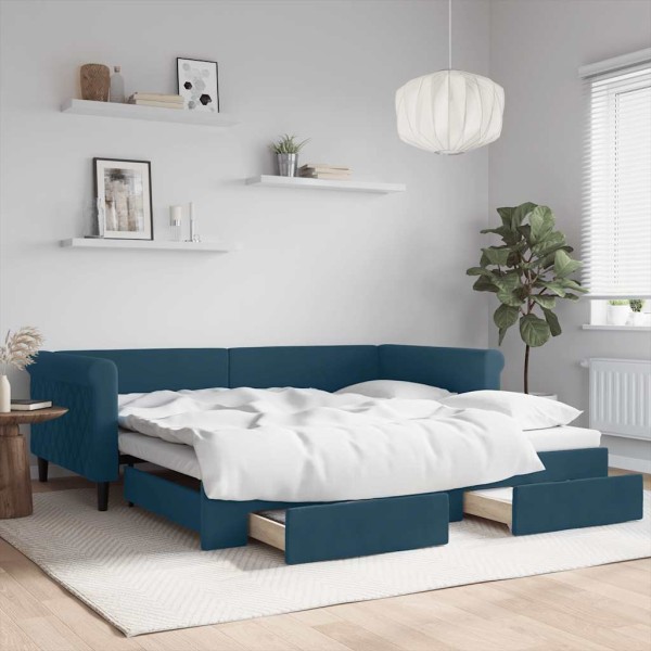 Pull-out bed with drawers, blue, 100x200cm, velvet