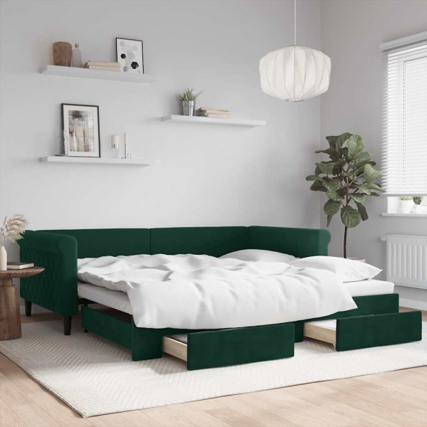Bed with pull-out part/drawers, green, 100x200cm, velvet