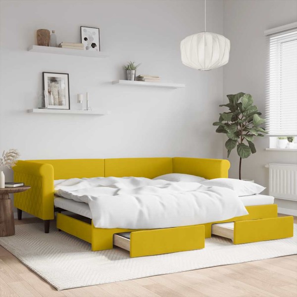 Pull-out bed with drawers, yellow, 100x200cm, velvet