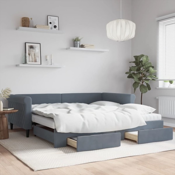Bed with pull-out part/drawers, grey, 100x200cm, velvet