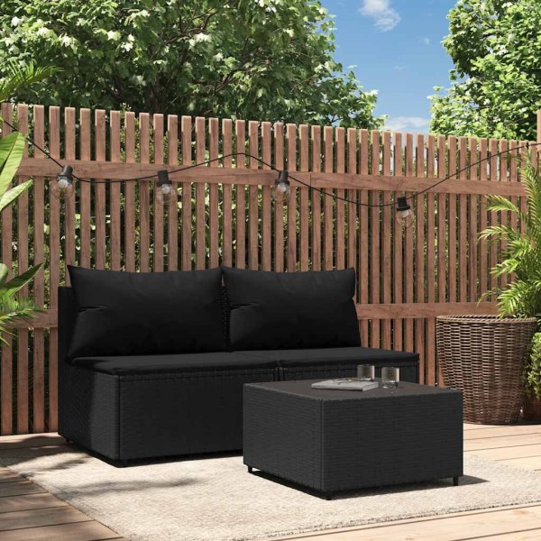 Garden set with cushions, 3 parts, black, polyrattan