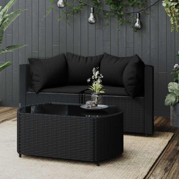 Garden set with cushions, 3 parts, black, polyrattan