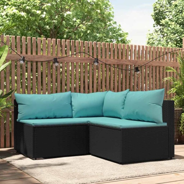 Garden set with cushions, 3 parts, black, polyrattan