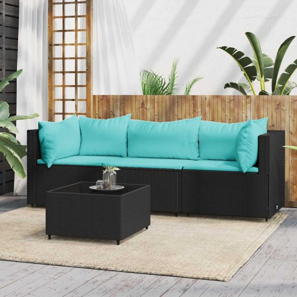 Garden set with cushions, 4 parts, black, polyrattan