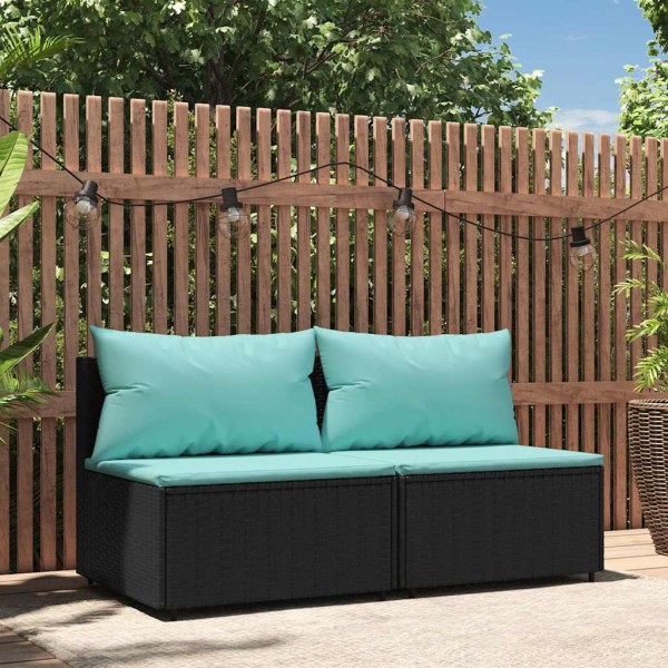 Middle sofa parts with pillows, 2 pcs., black, polyrattan