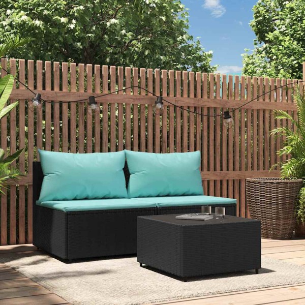 Garden set with cushions, 3 parts, black, polyrattan
