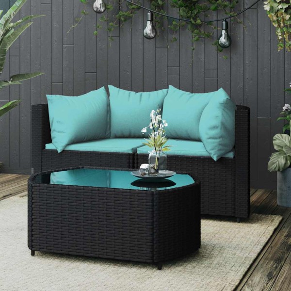 Garden set with cushions, 3 parts, black, polyrattan
