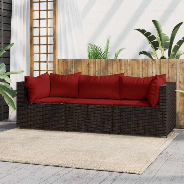 Garden set with cushions, 3 parts, brown, polyrattan