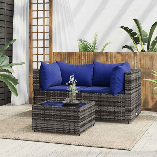 Garden set with cushions, 3 parts, gray, polyrattan