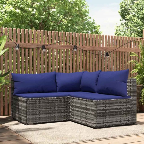 Garden set with cushions, 3 parts, gray, polyrattan