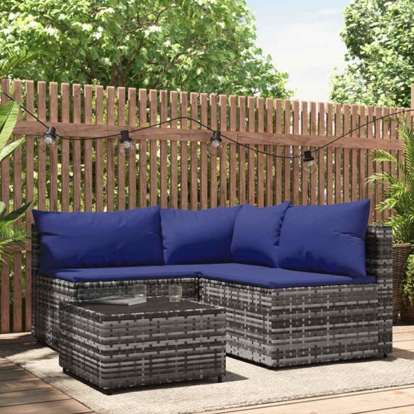 Garden set with cushions, 4 parts, gray, polyrattan