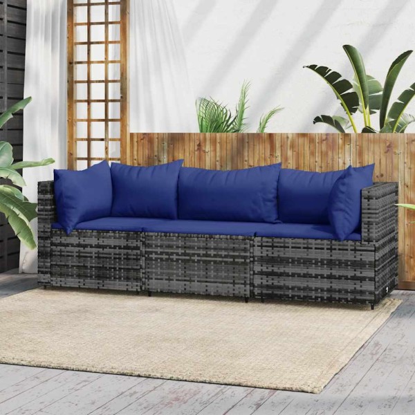 Garden set with cushions, 3 parts, gray, polyrattan
