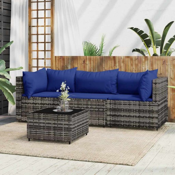 Garden set with cushions, 4 parts, gray, polyrattan