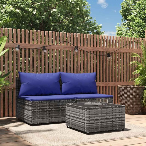 Garden set with cushions, 3 parts, gray, polyrattan