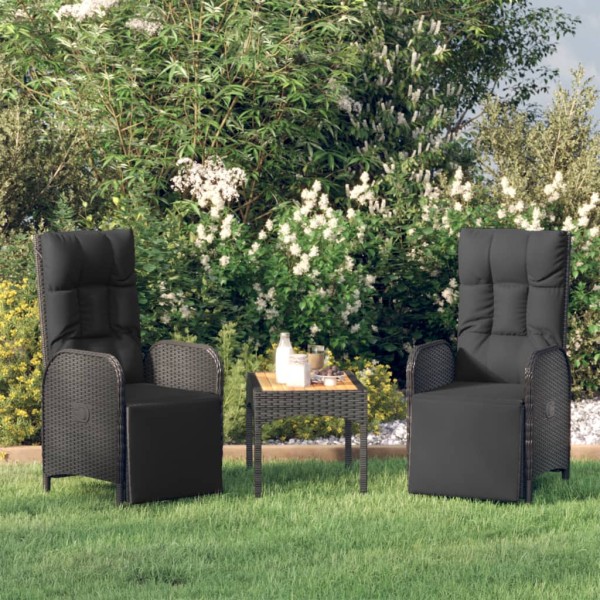 Reclining garden chairs with table, 2 pcs., black, polyrattan