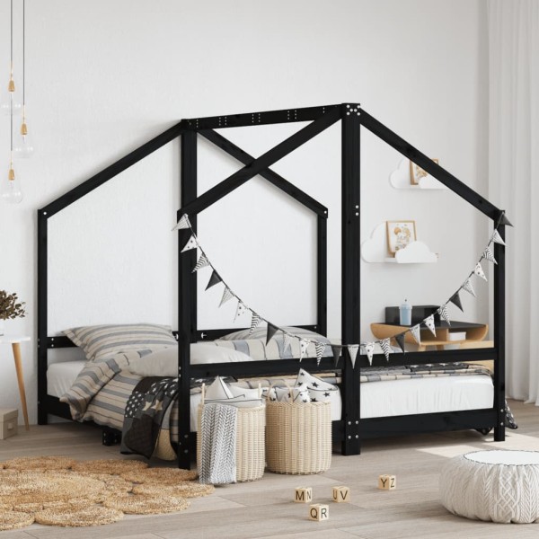 Children's bed frame, black, 2x(80x160)cm, solid pine