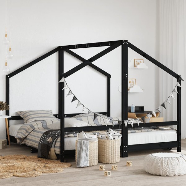 Children's bed frame, black, 2x(90x190)cm, solid pine
