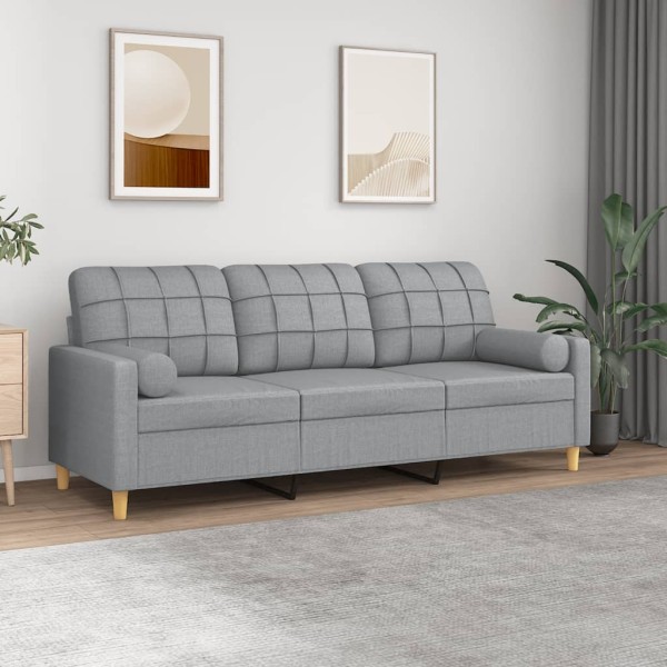 Three-seater sofa with cushions, light gray, 180cm, fabric