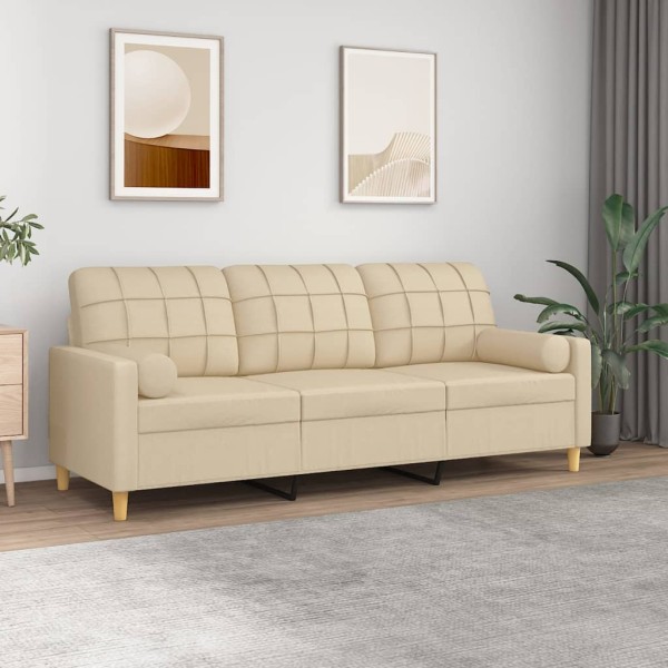 Three-seater sofa with cushions, cream color, 180cm, fabric