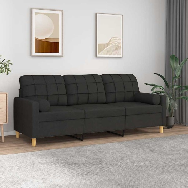 Three-seater sofa with cushions, black, 180cm, fabric
