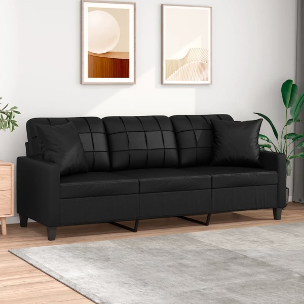 Three-seater sofa with cushions, black, 180cm, artificial leather