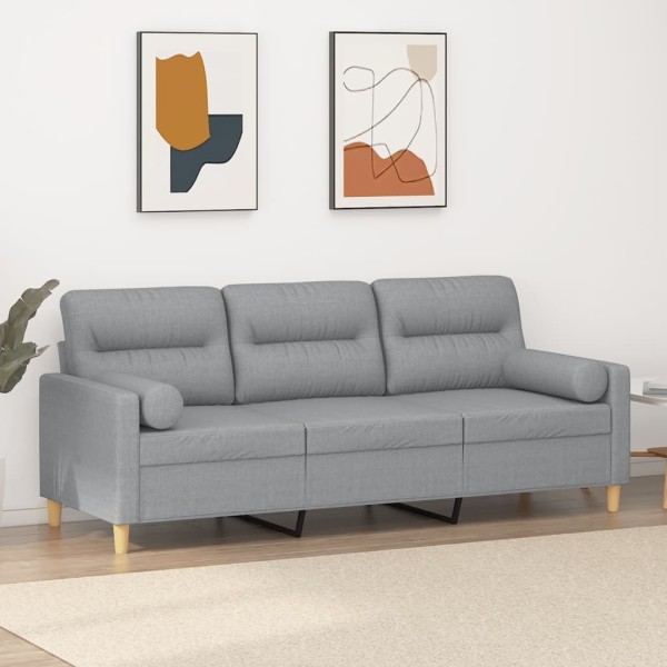 Three-seater sofa with cushions, light gray, 180cm, fabric