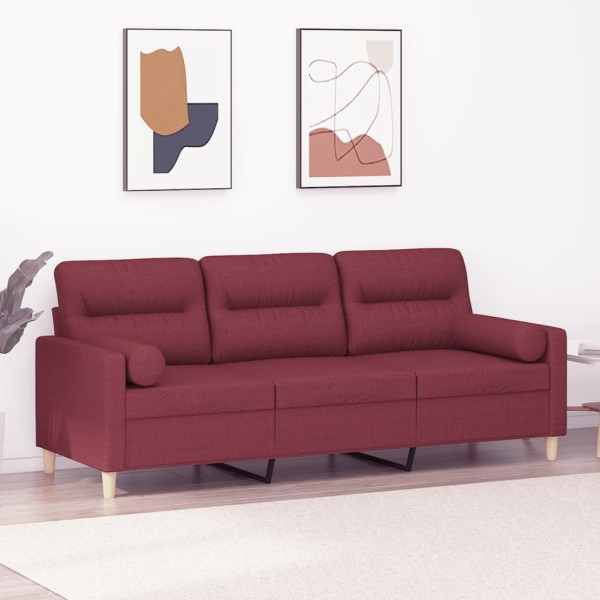Three-seater sofa with cushions, red wine, 180cm, fabric