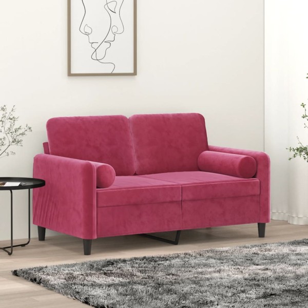 Double sofa with cushions, red wine, 120cm, velvet