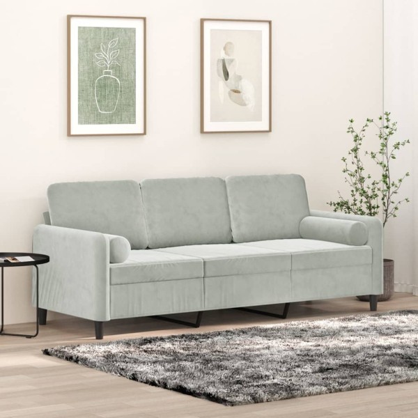 Three-seater sofa with cushions, light gray, 180cm, velvet