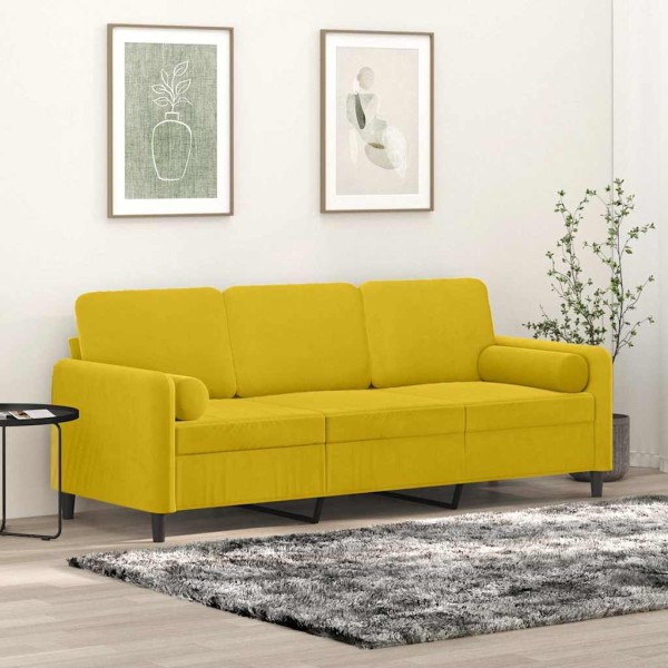 Three-seater sofa with cushions, yellow, 180cm, velvet