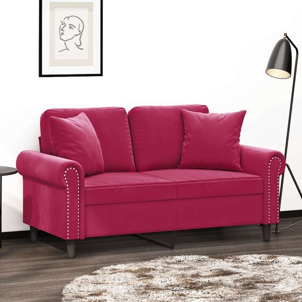 Double sofa with cushions, red wine, 120cm, velvet