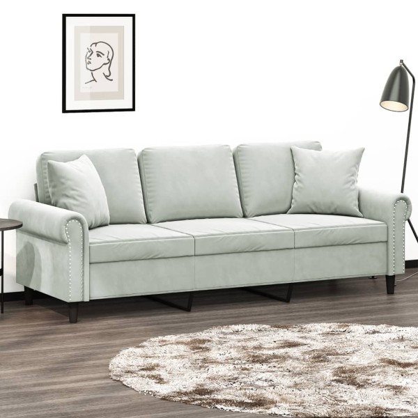 Three-seater sofa with cushions, light gray, 180cm, velvet