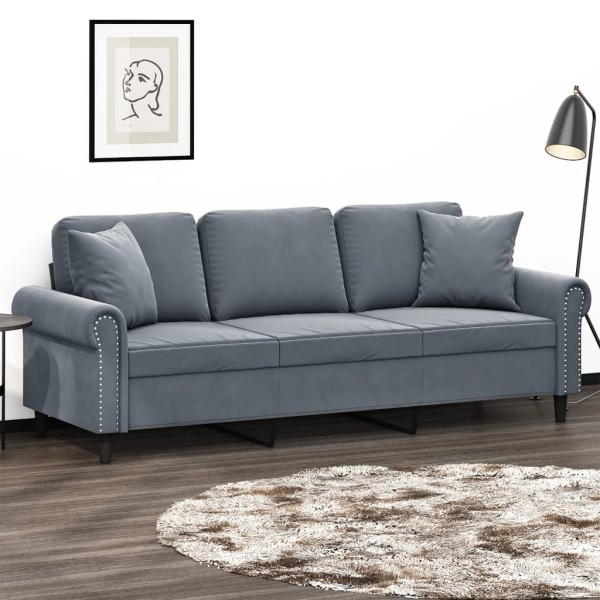 Three-seater sofa with cushions, dark gray, 180cm, velvet