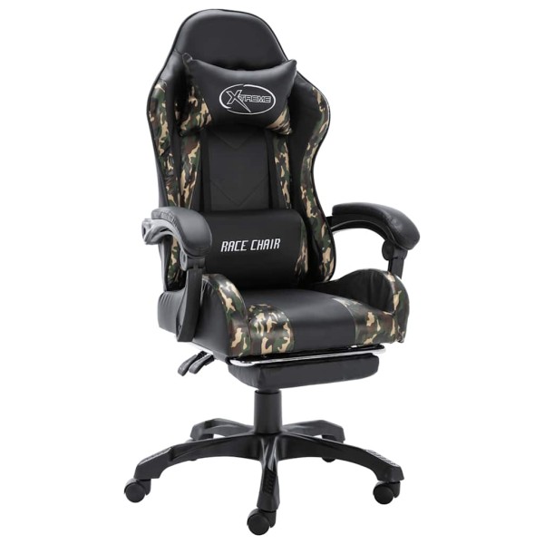 Gaming chair with footrest, black and camouflage, artificial leather