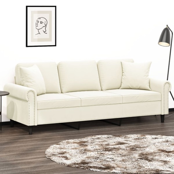 Three-seater sofa with cushions, cream color, 180cm, velvet