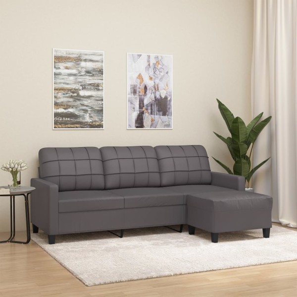 Three-seater sofa with footrest, gray color, 180cm, artificial leather