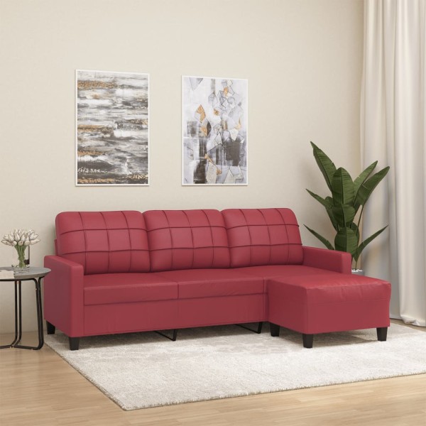 Three-seater sofa with footstool, red wine, 180cm, artificial leather