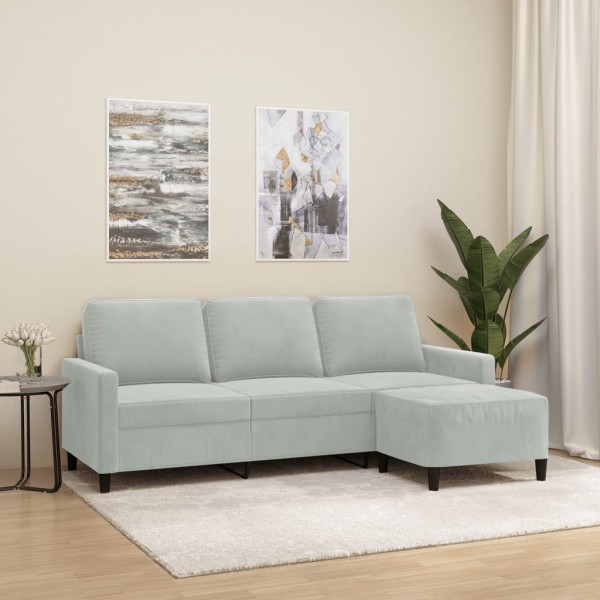 Three-seater sofa with footstool, light gray, 180cm, velvet